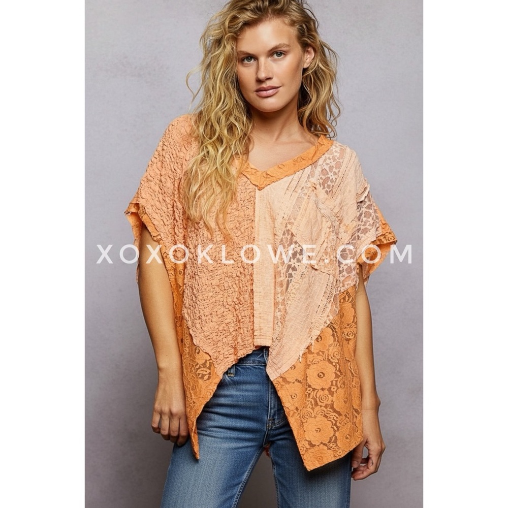 POL Orange Lace Patchwork Boho Top | V Neck Oversized Short Sleeve